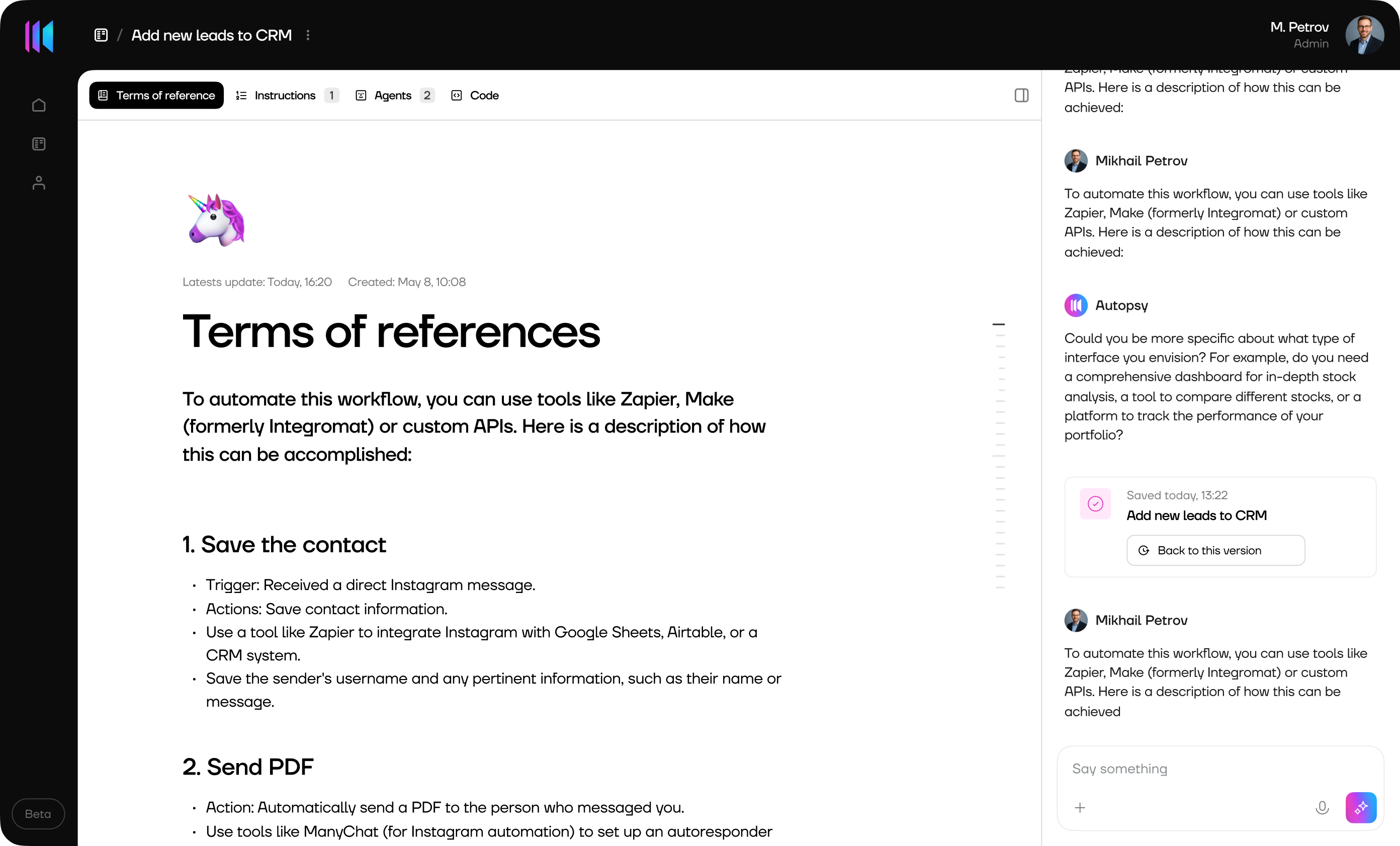AI agent workspace — document editor and conversation interface