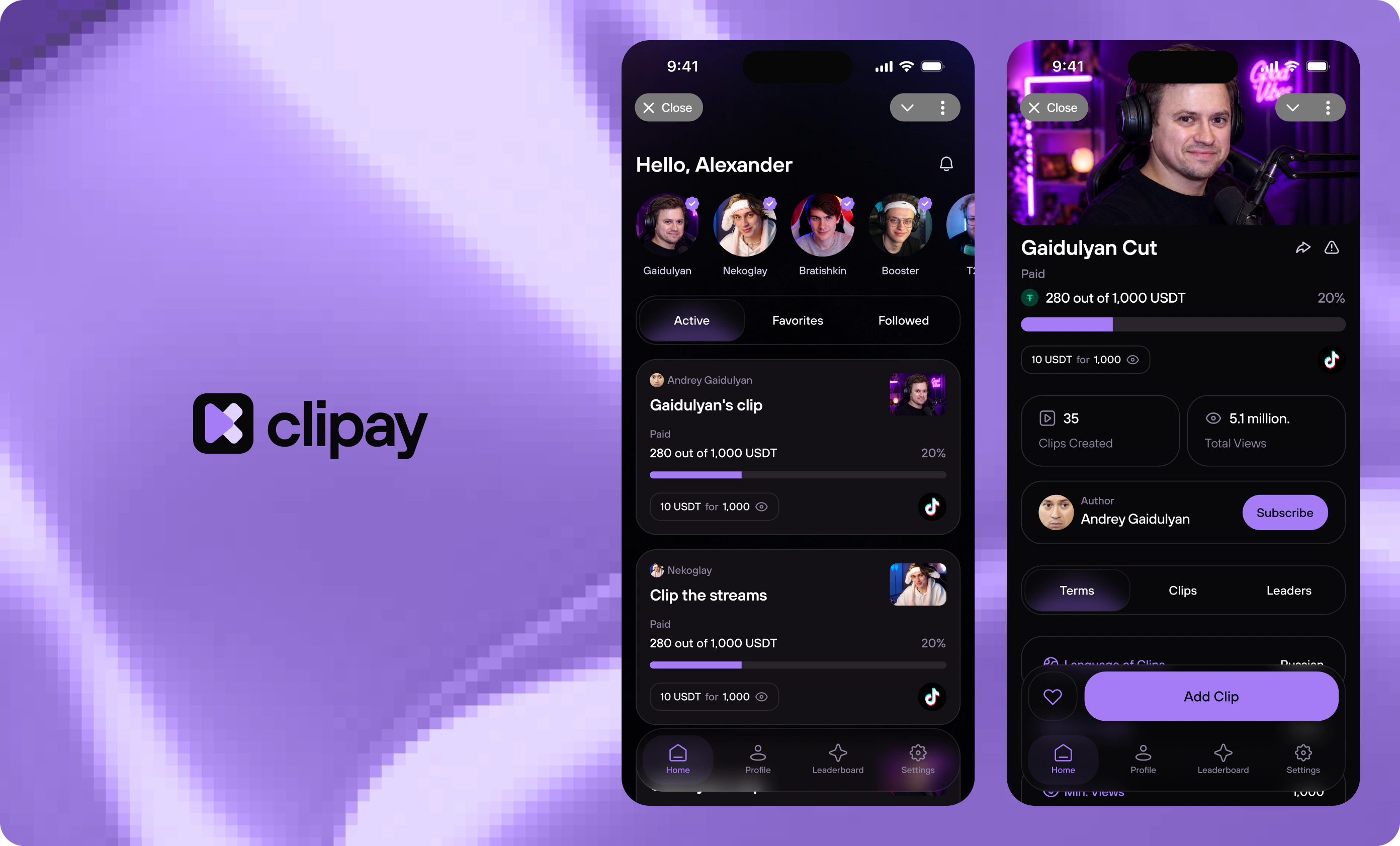 Clipay — purple identity and dark mobile marketplace interfaces