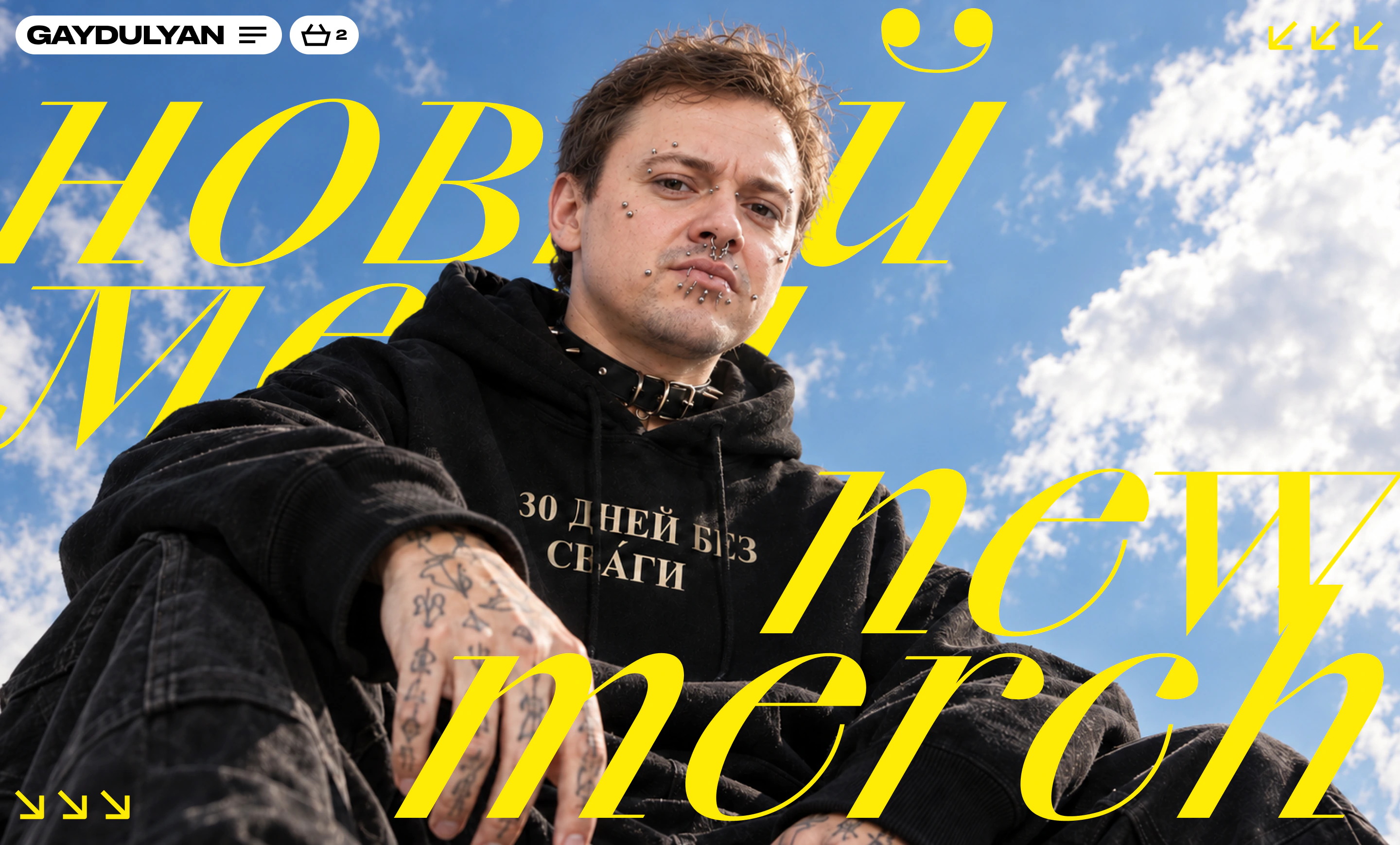 Gaydushop — merchandise store with oversized yellow typography and a photographic hero