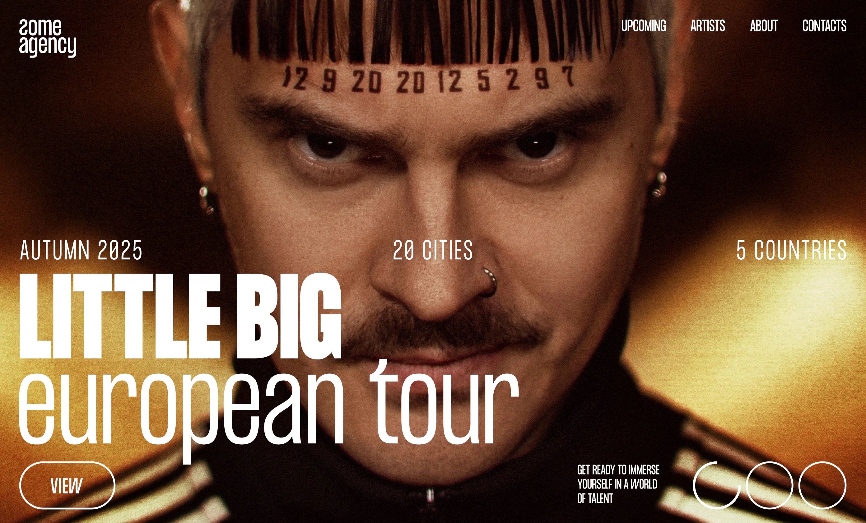 Little Big European tour — concert website with bold white type over a warm photographic portrait