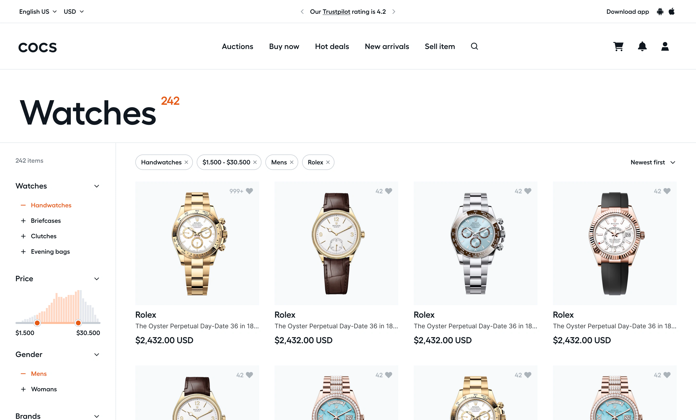 Watch store — a clean white catalog with product photography and filters